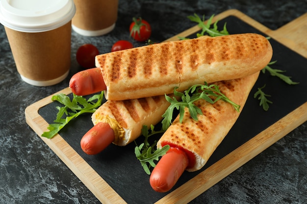 Concept of tasty food with french hot dog