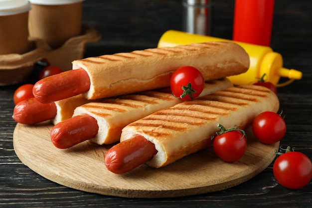 Concept of tasty food with french hot dog