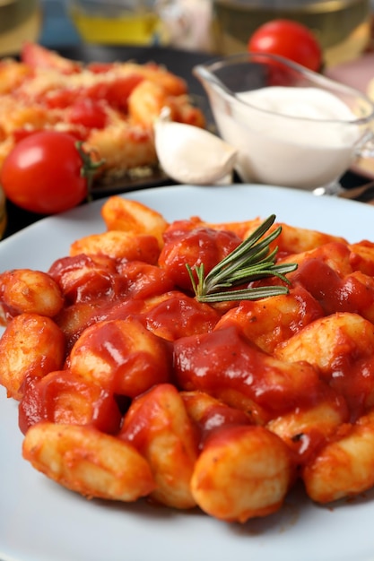 Concept of tasty food with gnocchi close up