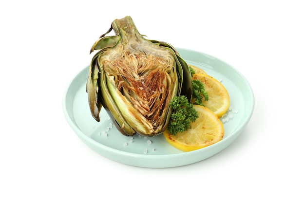 Concept of tasty food with grilled artichoke isolated on white background