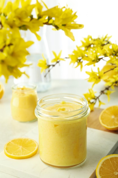 Concept of tasty food with lemon curd