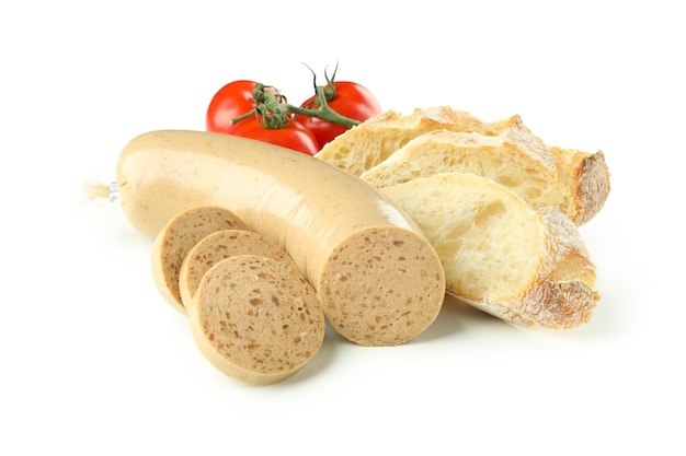 Concept of tasty food with liverwurst sausage isolated on white background