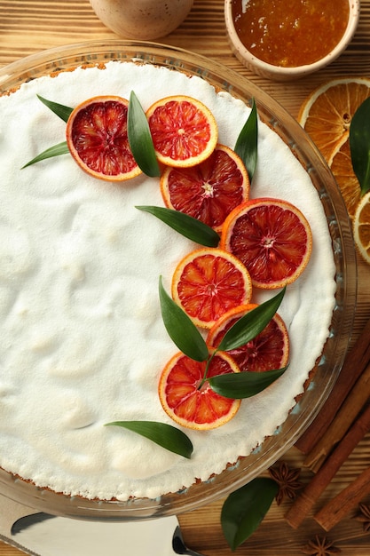 Concept of tasty food with pie with meringue top view