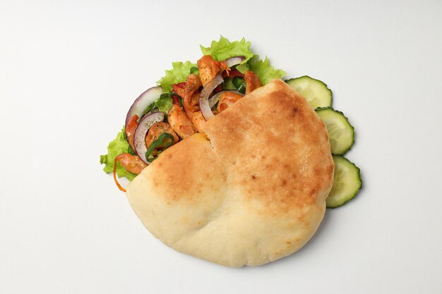 Concept of tasty food with pita with chicken top view