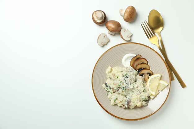 Concept of tasty food with risotto with mushrooms, space for text