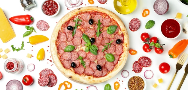 Concept of tasty food with Salami pizza on white background