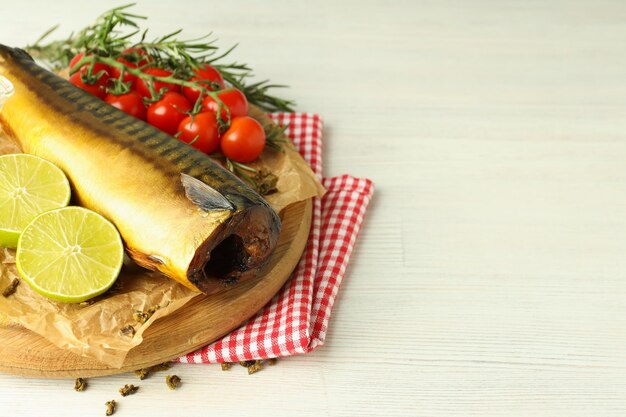 Concept of tasty food with smoked mackerel space for text