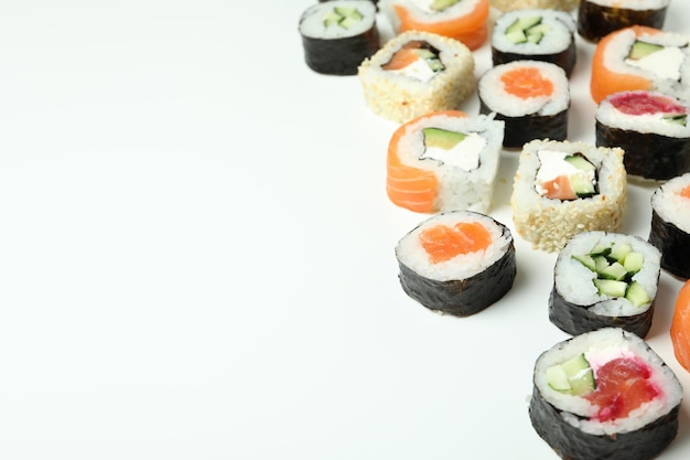 Concept of tasty food with sushi space for text