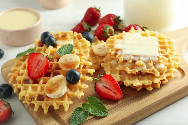 Concept of tasty food with wafers close up