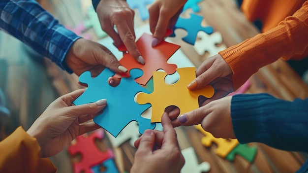 Concept of teamwork and partnership Hands join puzzle pieces in the office