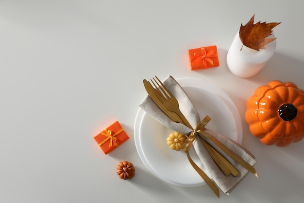 Concept of Thanksgiving day Autumn table setting space for text