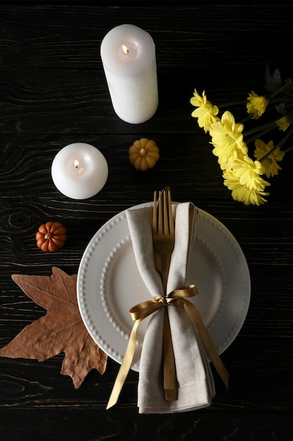 Concept of Thanksgiving day Autumn table setting top view