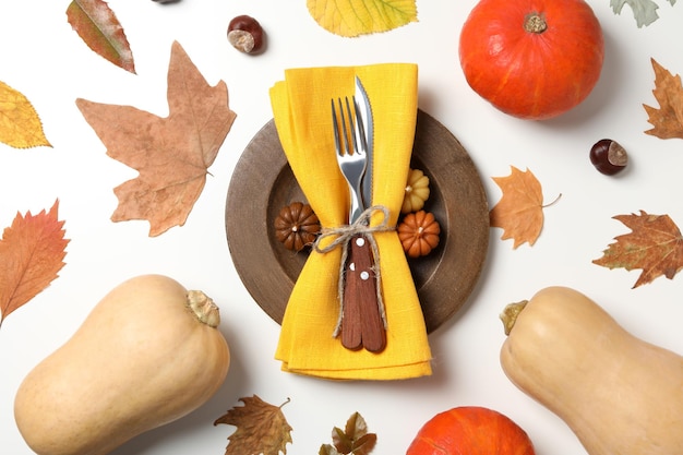 Concept of Thanksgiving day Autumn table setting top view