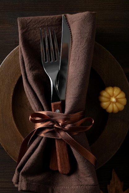 Concept of Thanksgiving day Autumn table setting top view