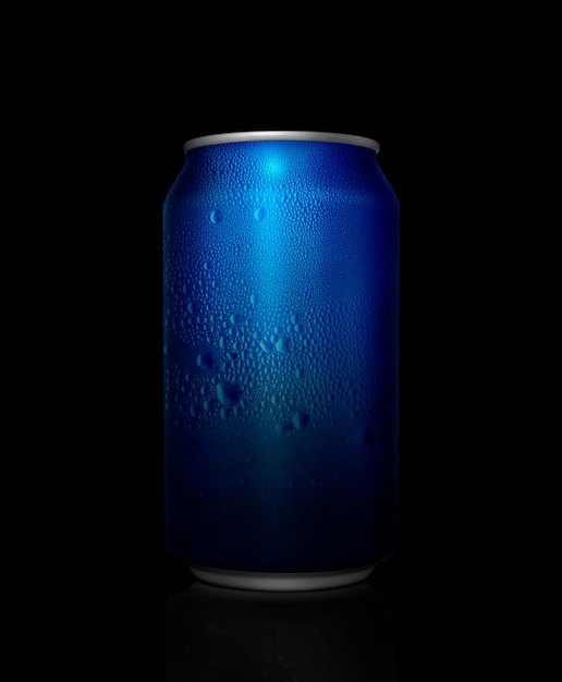 Concept of thirst and quenching thirst Blue metal can with cola or beer Drops of condensation on the surface