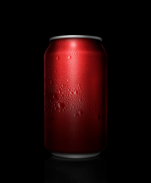 Concept of thirst and quenching thirst Red metal can with cola or beer Drops of condensation on the surface