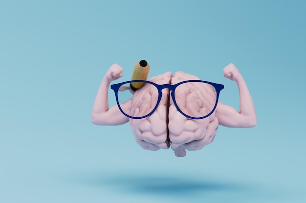 The concept of training in a sports school brain in glasses with a pencil and hands with muscles