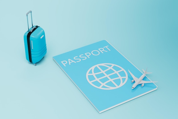 The concept of traveling by plane passport on which the model of the aircraft and luggage 3D render