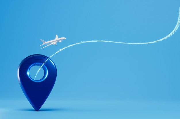 The concept of traveling by plane the plane is flying along the intended path and map pointer