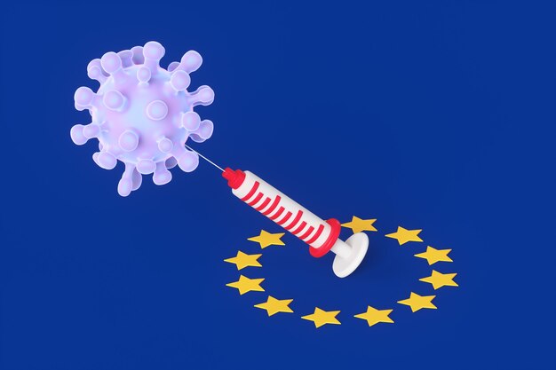 Concept of vaccination against coronavirus Covid-19 against the background of the blue flag of the European Union. 3d render illustration. Coronavirus and syringe on the background of the EU flag.