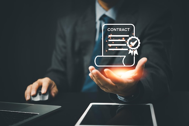 concept virtual contract document interface for the legal and financial industries digital contract management and signature processes marketing materials websites or other resources