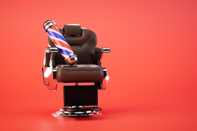 The concept of visiting a barbershop armchair and barbershop emblem on a red background 3D render