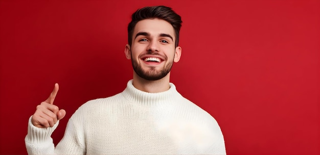 Photo concept of winter holidays christmas and lifestyle handsome man in white sweater looking and