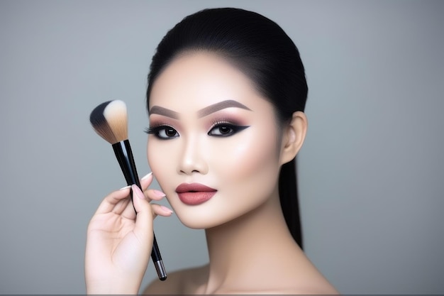 Concept woman and makeup brush in hand for beauty cosmetics and skincare routine in studio