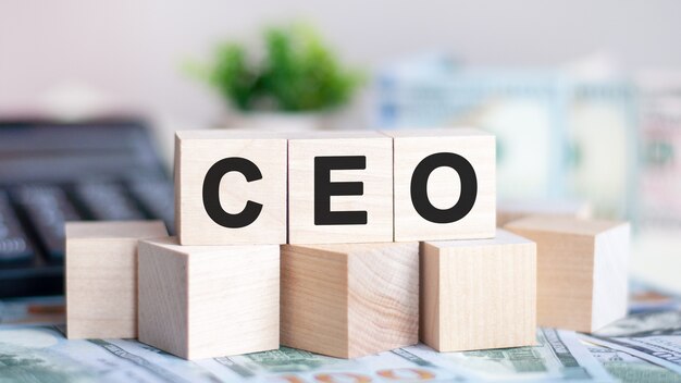 Concept word CEO on wooden blocks on beautiful wall from green flower. The word CEO on wood cubes with coins and calculator.Business concept. CEO - Chief Executive Officer