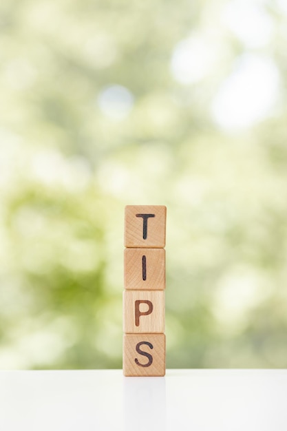 Photo concept word tips on wooden cubes on a green summer background