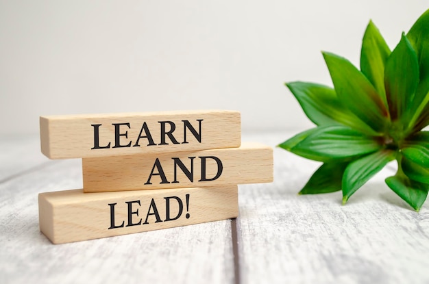 Concept words Learn and lead on wooden blocks Beautiful white background