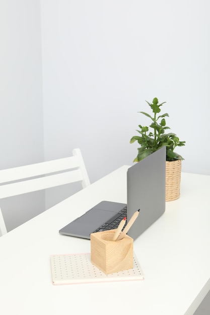 Concept of workspace with laptop space for text