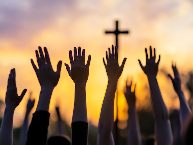 Photo the concept of worship is a human raising his hands over a blurred cross background