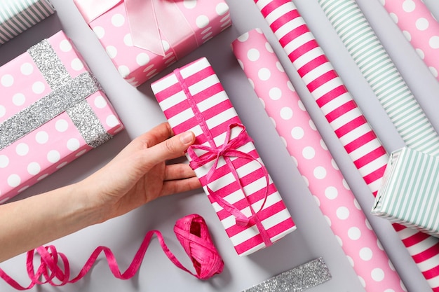 Concept of wrapping gift composition with wrapping paper