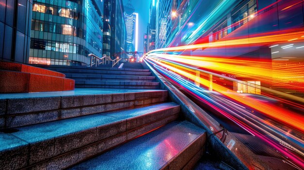 Conceptual art of career growth with stairs and light trails