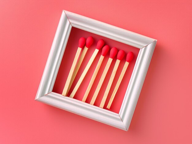 Conceptual Art Featuring Matches with Red Heads in a Symmetrical Silver Frame on a Bold Pink