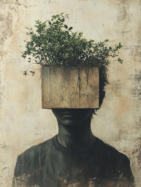 Conceptual Art of Nature and Identity Human Figure with Plant Growth Symbolizing Environmental Awar