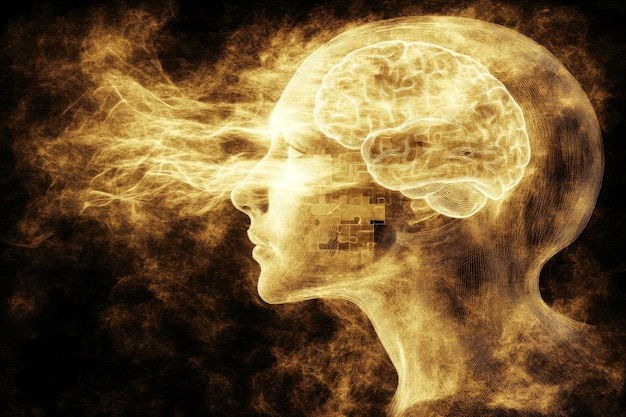 A conceptual art piece featuring a womans profile with a glowing golden brain symbolizing wisdom en