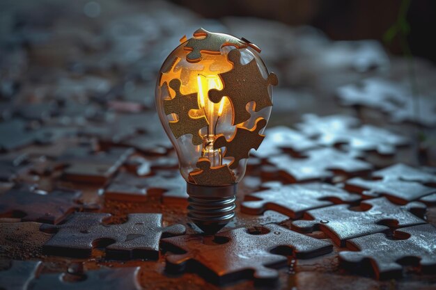 Conceptual brilliance light bulb intricately merged with pieces of a jigsaw puzzle