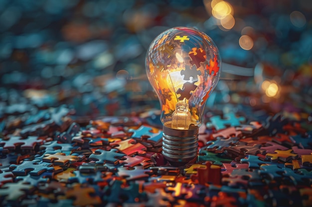 Conceptual brilliance light bulb intricately merged with pieces of a jigsaw puzzle