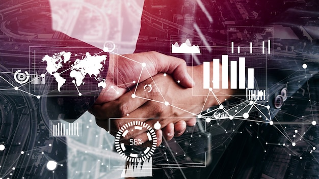 Conceptual business handshake with dashboard for financial data analysis