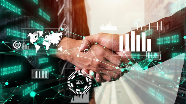 Conceptual business handshake with dashboard for financial data analysis