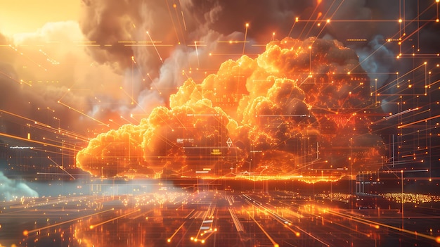 Conceptual cloud computing interface hovering above a digital device showcasing futuristic data visualization and advanced technology in a dynamic glowing environment