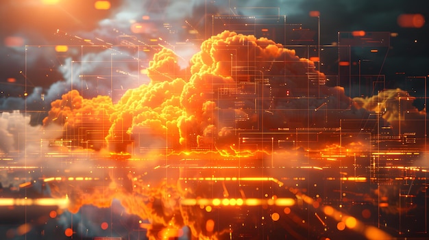 Conceptual cloud computing interface hovering above a digital device showcasing futuristic data visualization and advanced technology in a dynamic glowing environment