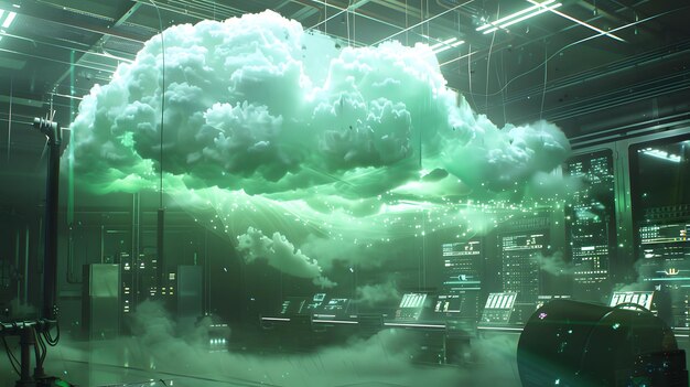 Photo conceptual cloud computing interface hovering above a digital device showcasing futuristic data visualization and advanced technology in a dynamic glowing environment