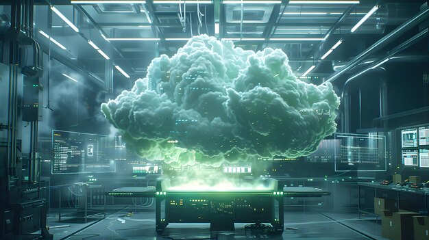 Photo conceptual cloud computing interface hovering above a digital device showcasing futuristic data visualization and advanced technology in a dynamic glowing environment