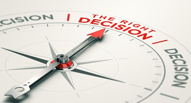 Photo conceptual compass with needle pointing the right decision. business judgement concept. 3d illustration.