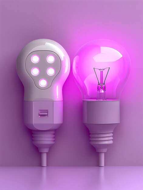 Photo conceptual contrast between led and incandescent light bulbs on purple background energy