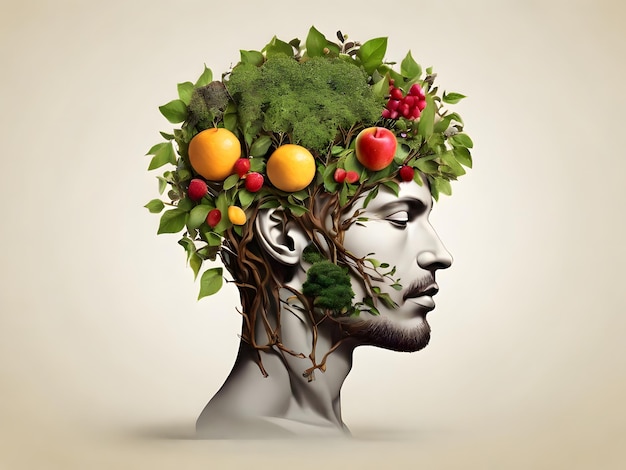 a conceptual design featuring a man with trees growing from his head bearing fruits