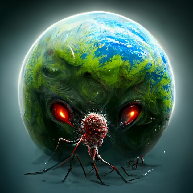 conceptual digital illustration of a virus in front of planet earth, with menacing eyes